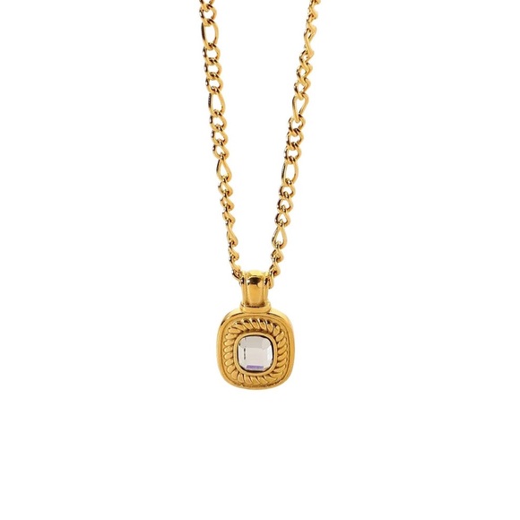 14k Gold Plated Gemstone Crystal Braided Box Pendant Charm Figaro Chain Necklace - Picture 5 of 6